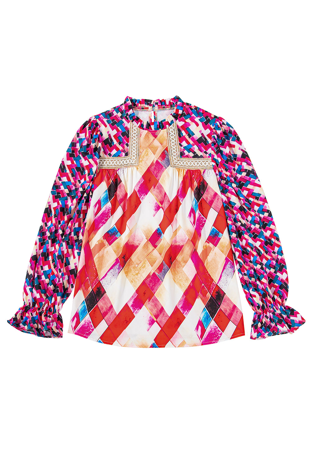 Blue Zone Planet | Rose Red Abstract Geometric Patchwork Puff Sleeve Blouse-Blouses-[Adult]-[Female]-2022 Online Blue Zone Planet