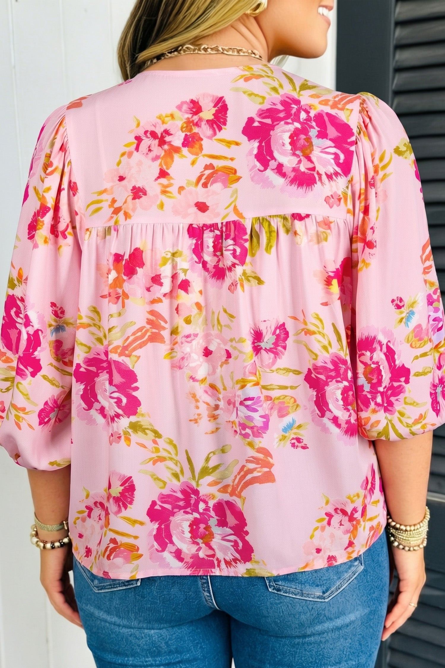 Pink Plus Size Floral Print V Neck Tie Front Short Sleeve Tunic Top-Plus Size/Plus Size Tops/Plus Size Blouses & Shirts-[Adult]-[Female]-2022 Online Blue Zone Planet