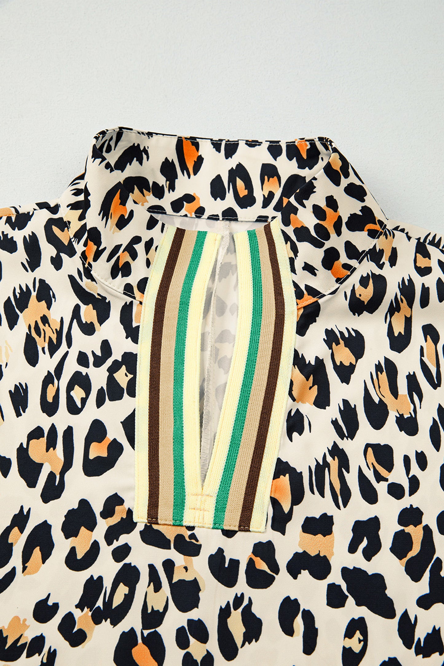 Khaki Leopard Color Block Contrast Striped V Neck Half Sleeve Loose Fit Blouse-Tops/Blouses & Shirts-[Adult]-[Female]-2022 Online Blue Zone Planet