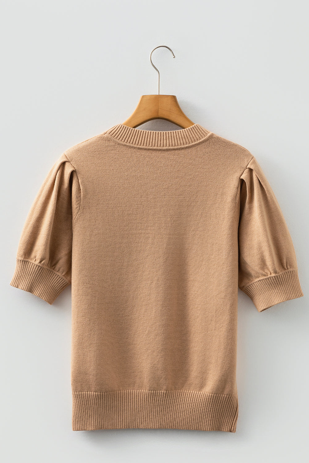 Light French Beige Solid Color Knit Short Puff Sleeve Sweater-Sweaters & Cardigans/Short Sleeve Sweaters-[Adult]-[Female]-2022 Online Blue Zone Planet