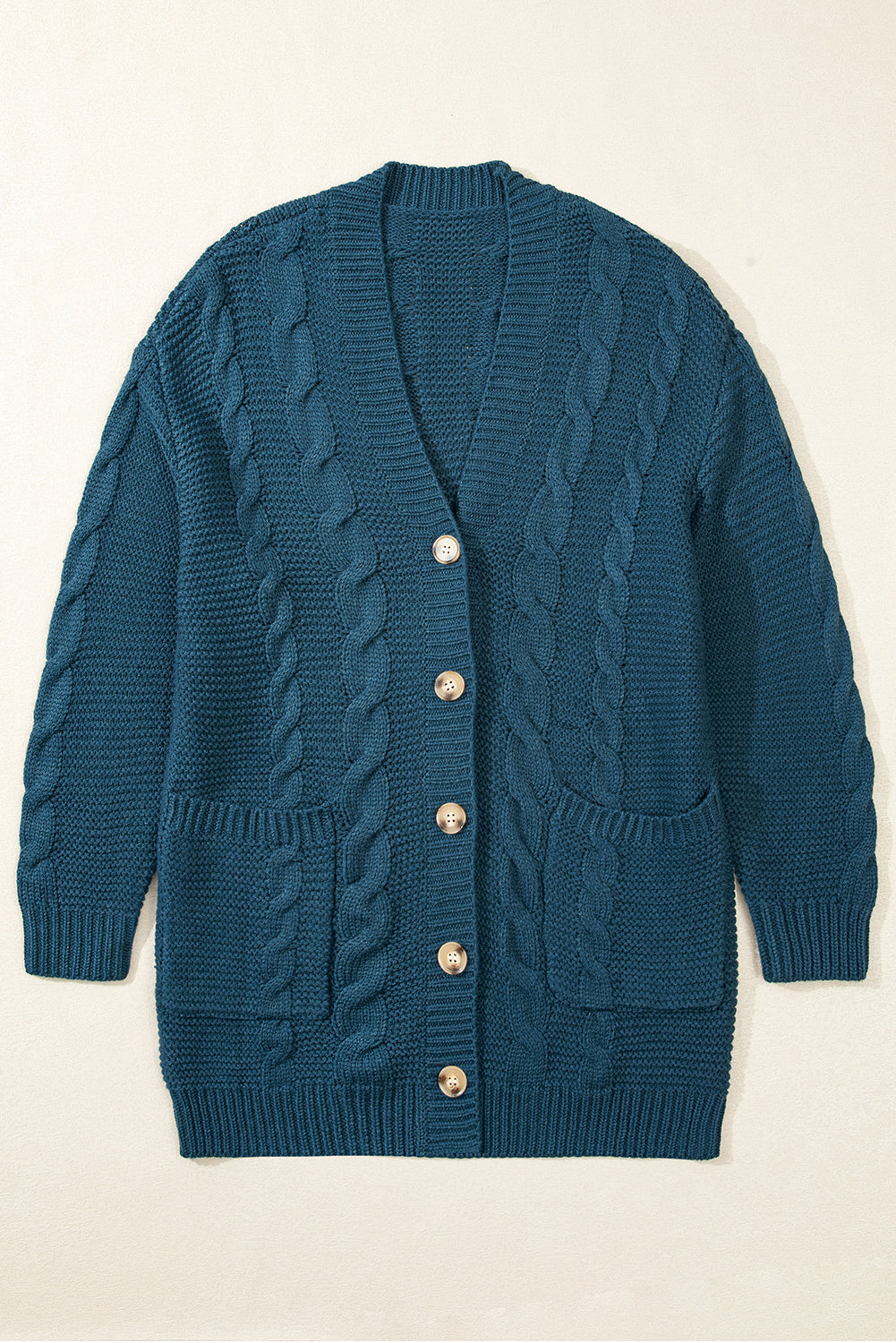 Peacock Blue Cable Knit Button Front Pocketed Baggy Cardigan-Sweaters & Cardigans/Cardigans-[Adult]-[Female]-2022 Online Blue Zone Planet