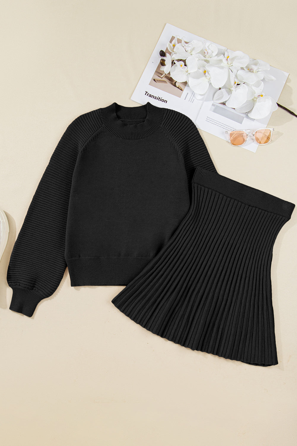 Black High Neck Puff Sleeve Sweater Pleated Mini Skirt 2pcs Knitted Outfit-Two Piece Sets/Two Piece Dresses-[Adult]-[Female]-2022 Online Blue Zone Planet