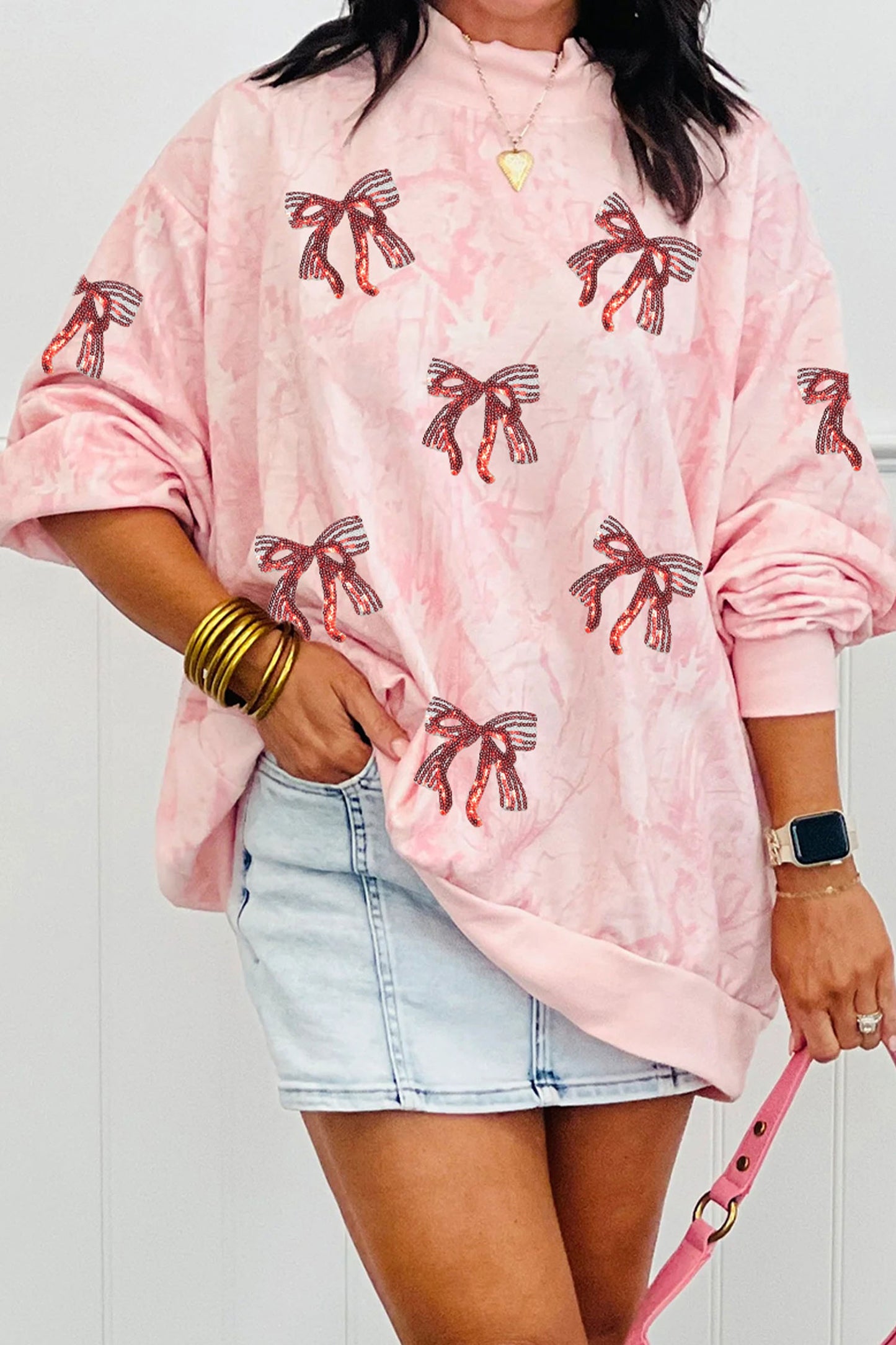 Pink Sequin Valentines Bow Patched Tie Dye Mock Neck Baggy Sweatshirt-Graphic/Graphic Sweatshirts-[Adult]-[Female]-2022 Online Blue Zone Planet