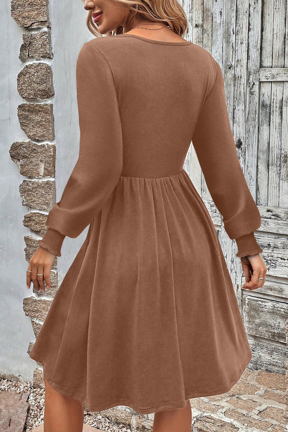 Chestnut Shirred Cuff Long Sleeve Button Round Neck Mini Dress-TOPS / DRESSES-[Adult]-[Female]-2022 Online Blue Zone Planet