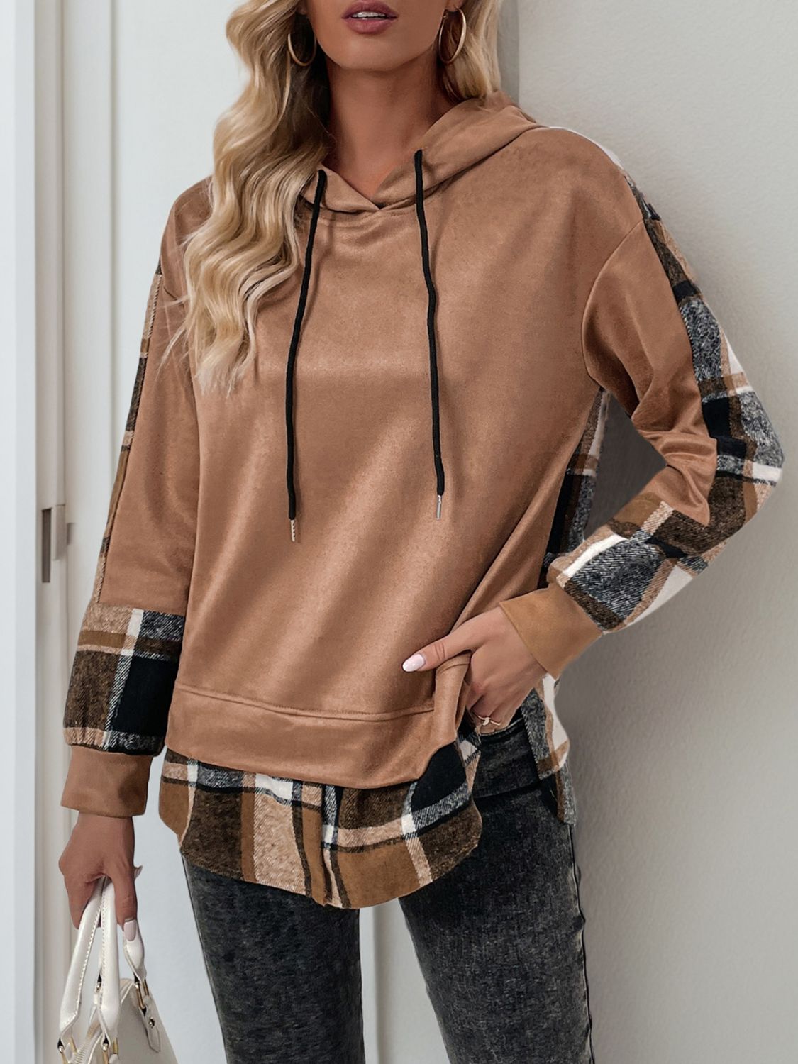 Blue Zone Planet | Perfee Drawstring Slit Plaid Long Sleeve Hoodie-TOPS / DRESSES-[Adult]-[Female]-Camel-S-2022 Online Blue Zone Planet