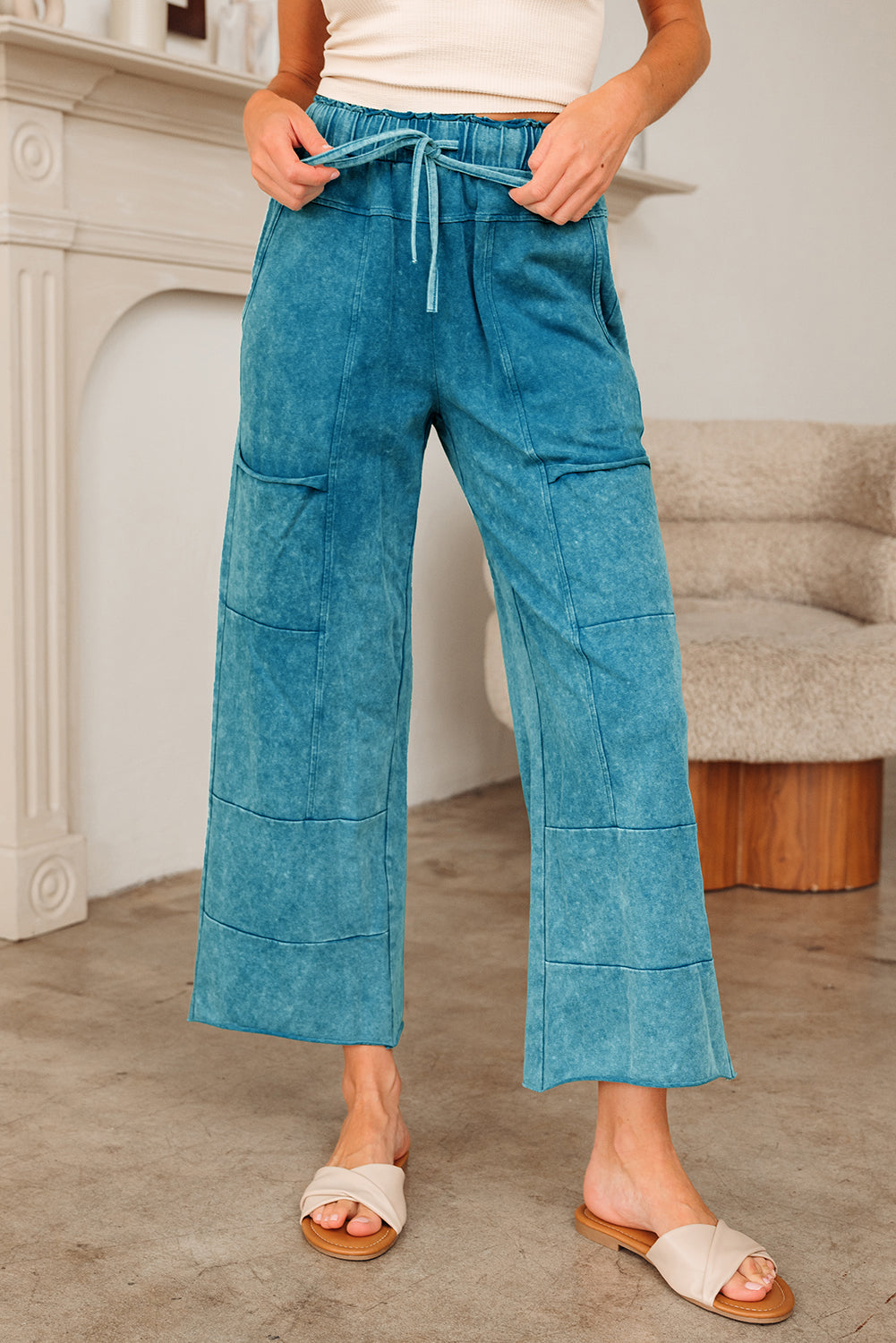 Medium Grey Mineral Wash Lace-Up High Waist Raw Hem Patched Pocket Pants-Bottoms/Pants & Culotte-[Adult]-[Female]-2022 Online Blue Zone Planet