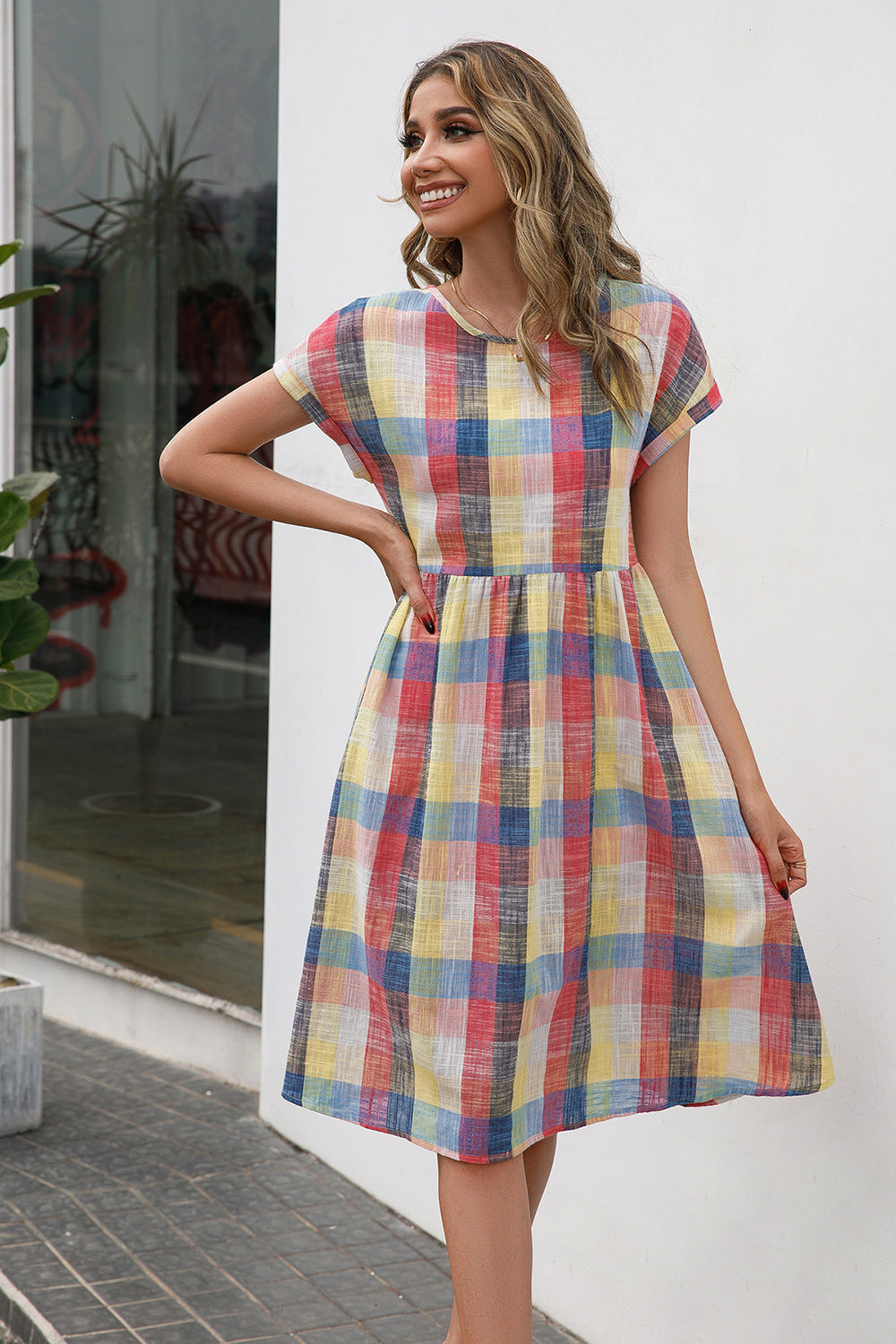 Plaid Round Neck Cap Sleeve Dress-TOPS / DRESSES-[Adult]-[Female]-2022 Online Blue Zone Planet