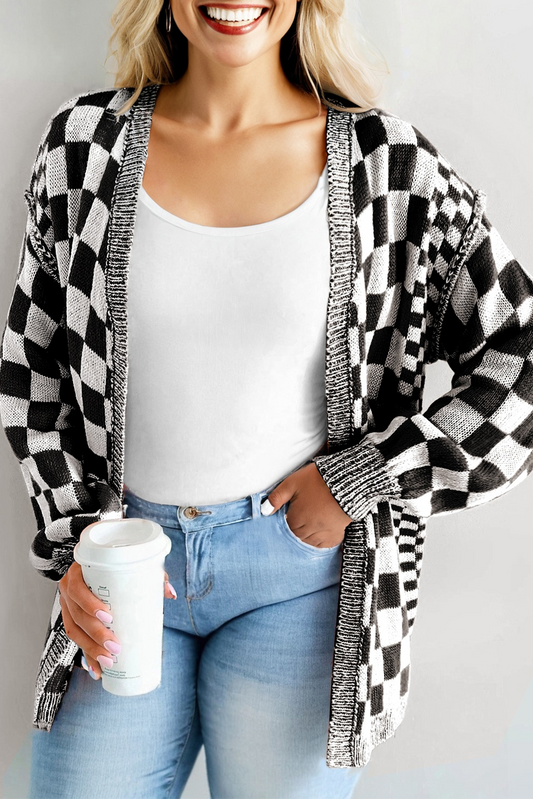 Black Checkered Bubble Sleeve Drop Shoulder Open Cardigan-Plus Size/Plus Size Sweaters & Cardigans-[Adult]-[Female]-Black-1X-2022 Online Blue Zone Planet