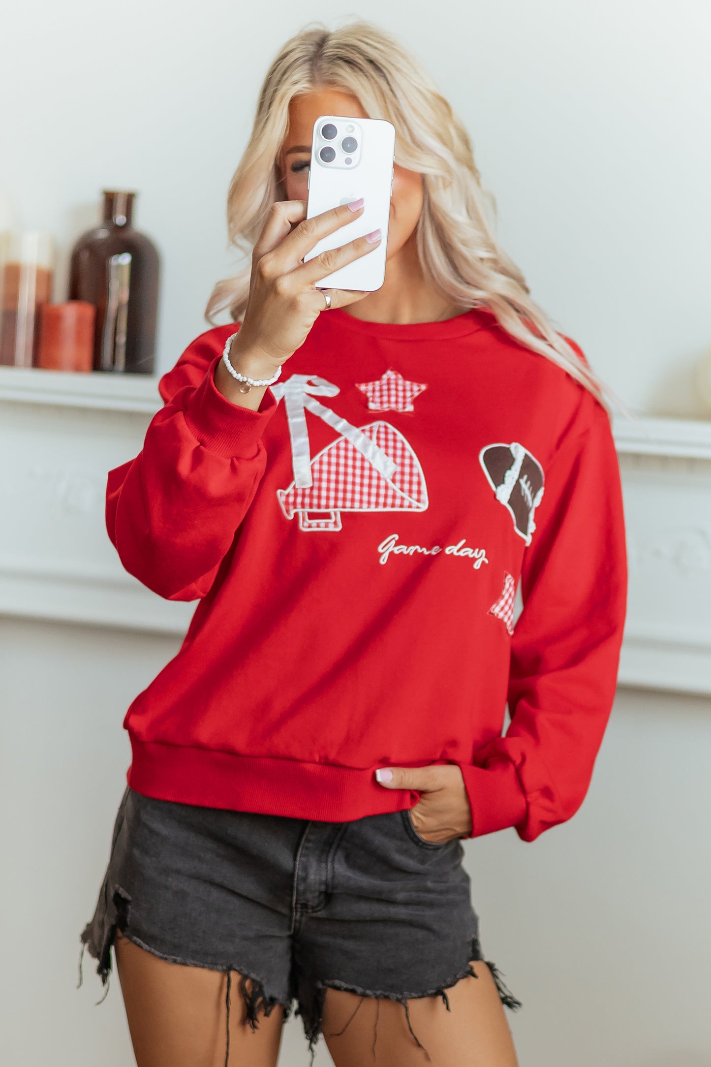 Racing Red Gingham Patch Embroidered Rugby Game Day Stars Sweatshirt-Tops/Sweatshirts & Hoodies-[Adult]-[Female]-2022 Online Blue Zone Planet