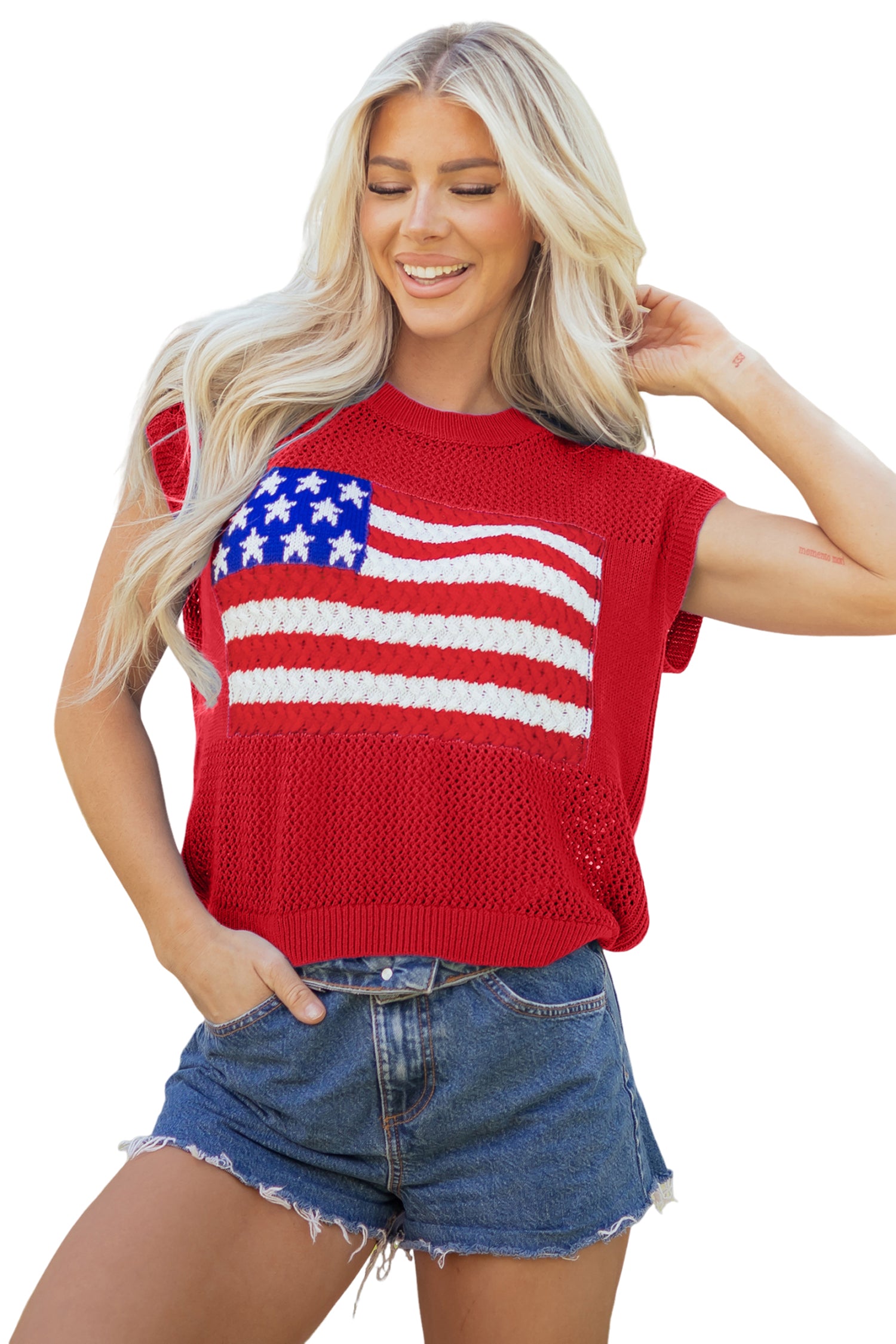 Sky Blue Flag Graphic Short Sleeve Sweater Top-TOPS / DRESSES-[Adult]-[Female]-2022 Online Blue Zone Planet