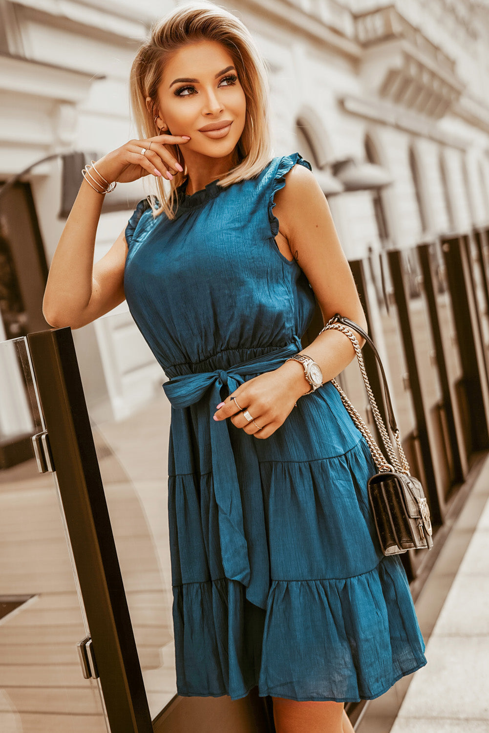 Frill Tied Round Neck Sleeveless Tiered Dress-TOPS / DRESSES-[Adult]-[Female]-2022 Online Blue Zone Planet