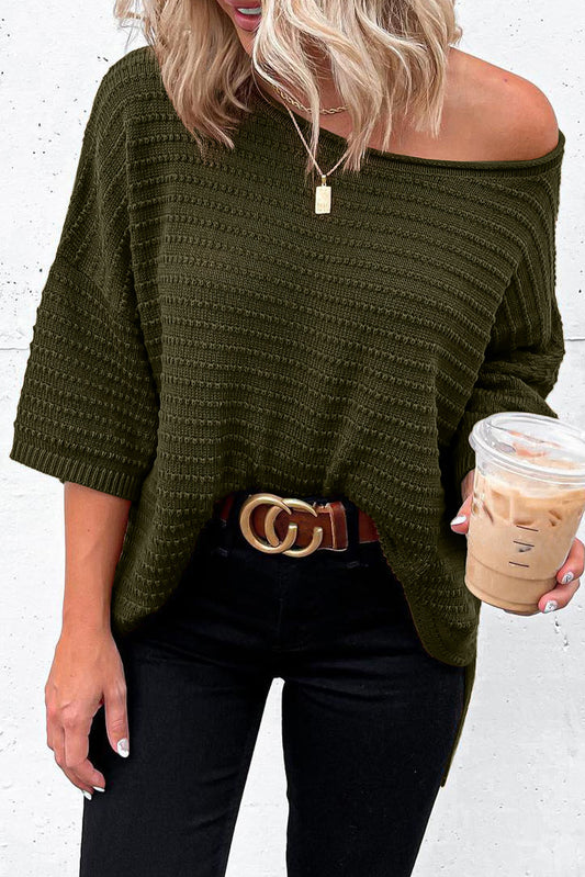 Green Textured Knit Drop Shoulder Short Sleeve Sweater-Sweaters & Cardigans/Short Sleeve Sweaters-[Adult]-[Female]-Green-S-2022 Online Blue Zone Planet