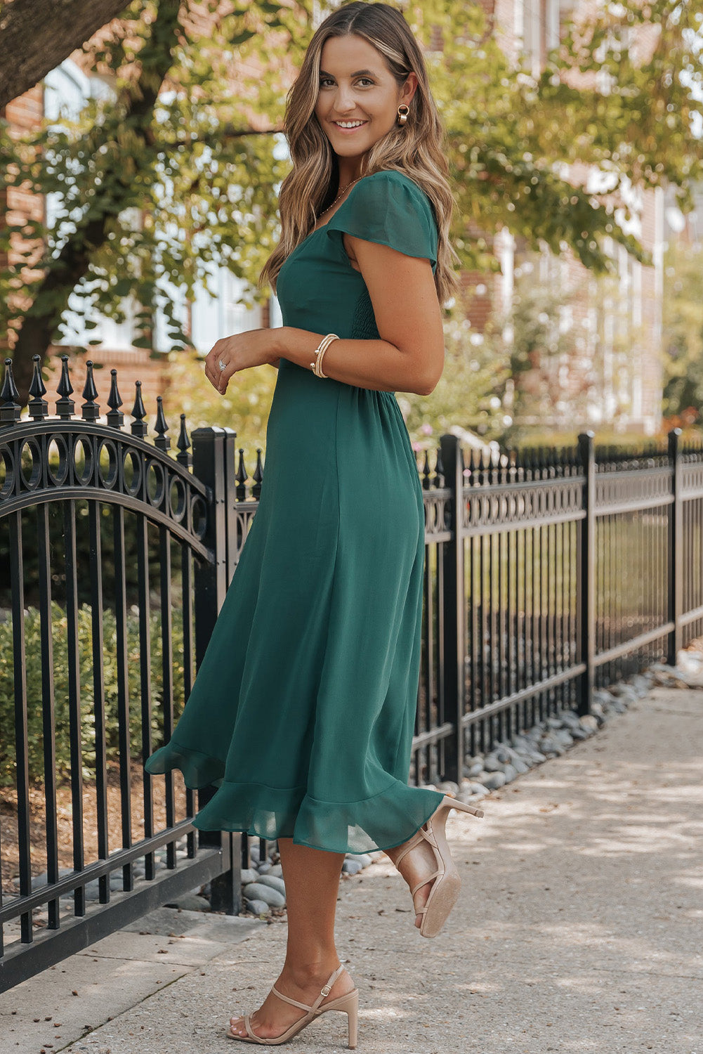 Sea Green Shirred Open Back Sweetheart Neck Ruffled Midi Dress Blue Zone Planet