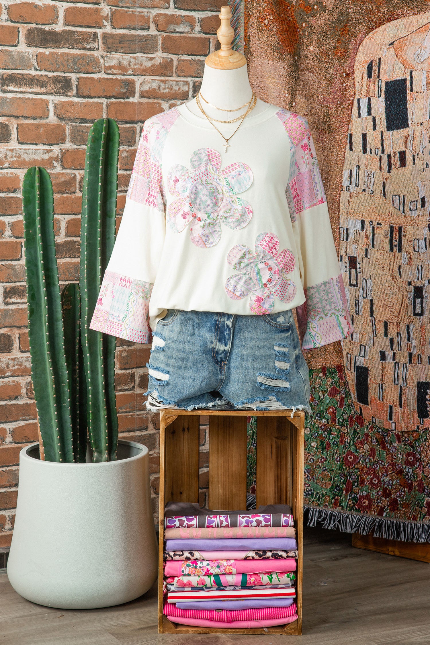 Beige Color Block Retro Floral Patchwork Long Sleeve Top-Tops/Long Sleeve Tops-[Adult]-[Female]-2022 Online Blue Zone Planet