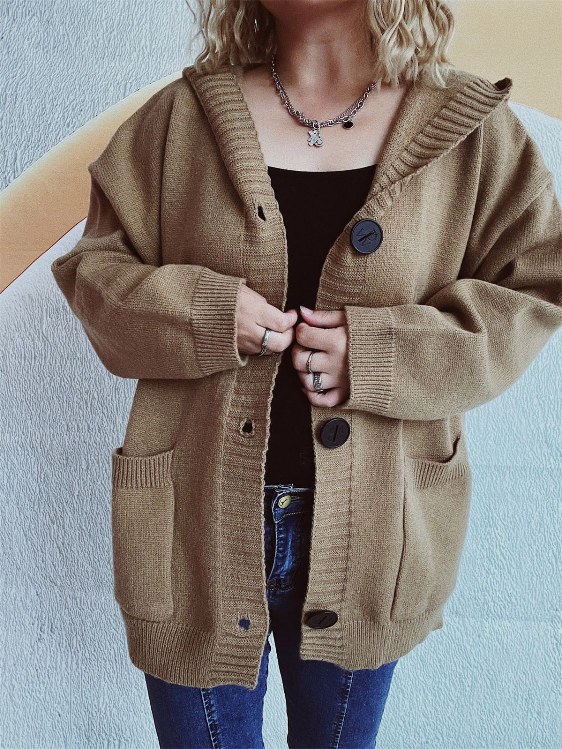 Dropped Shoulder Long Sleeve Hooded Cardigan-TOPS / DRESSES-[Adult]-[Female]-2022 Online Blue Zone Planet