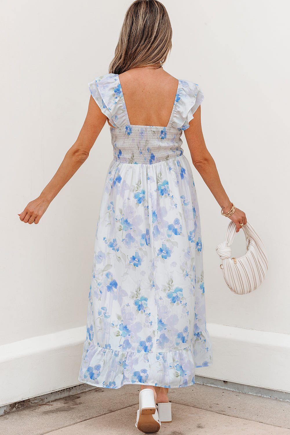 Sky Blue Floral Smocked High Waist Double Ruffle Sleeveless Long Dress-TOPS / DRESSES-[Adult]-[Female]-2022 Online Blue Zone Planet