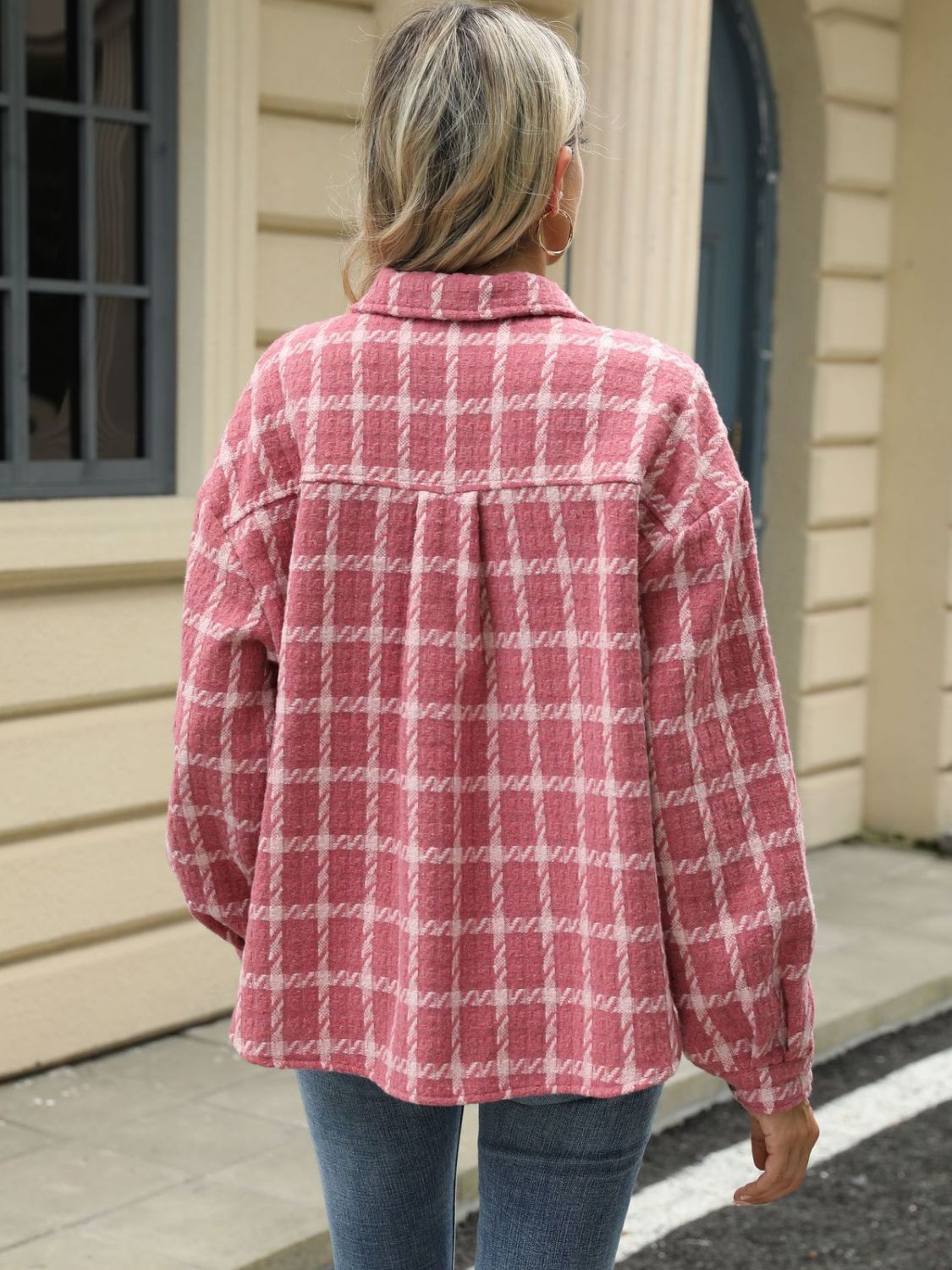 Plaid Collared Neck Long Sleeve Jacket-TOPS / DRESSES-[Adult]-[Female]-2022 Online Blue Zone Planet