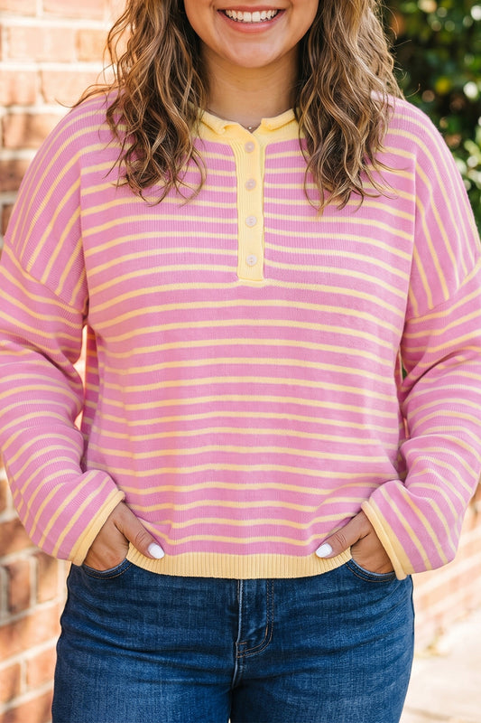 Pink Stripe Striped Colorblock Long Sleeve V Neck Shift Plus Size Sweater