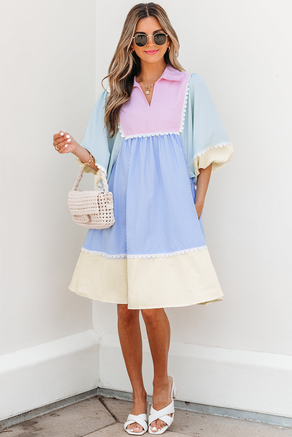 Multicolour Striped Patchwork Ric Rac Puff Sleeve Collared Mini Dress-TOPS / DRESSES-[Adult]-[Female]-2022 Online Blue Zone Planet