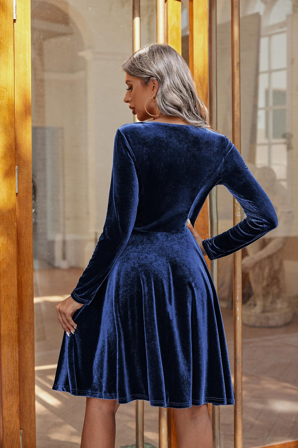 Blue Zone Planet | Round Neck Long Sleeve Knee Length Dress-TOPS / DRESSES-[Adult]-[Female]-Navy-S-2022 Online Blue Zone Planet