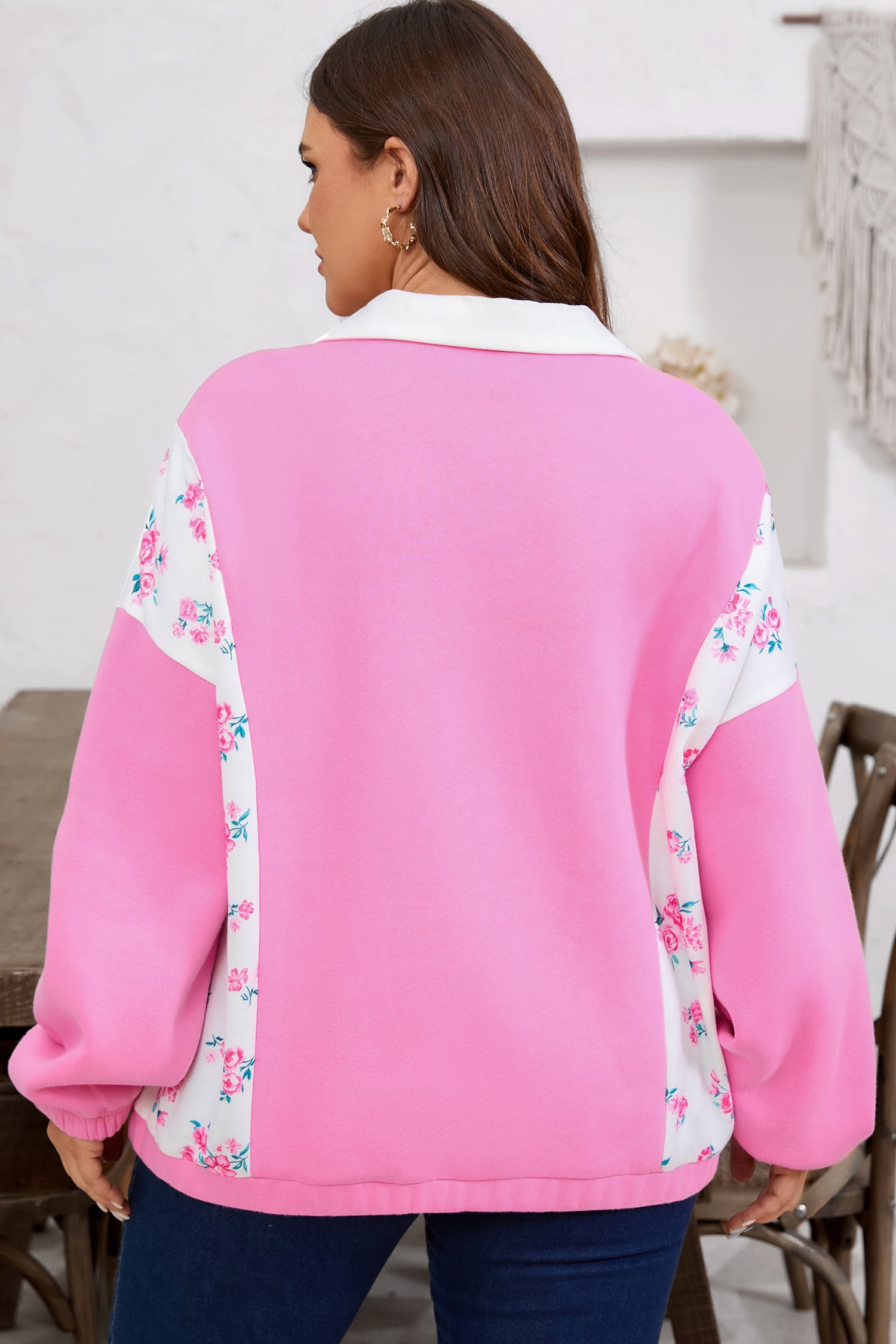Pink Plus Size Contrast Polo Collar Floral Patchwork Elastic Cuffs Long Sleeve Top-Plus Size/Plus Size Tops/Plus Size Long Sleeve Tops-[Adult]-[Female]-2022 Online Blue Zone Planet