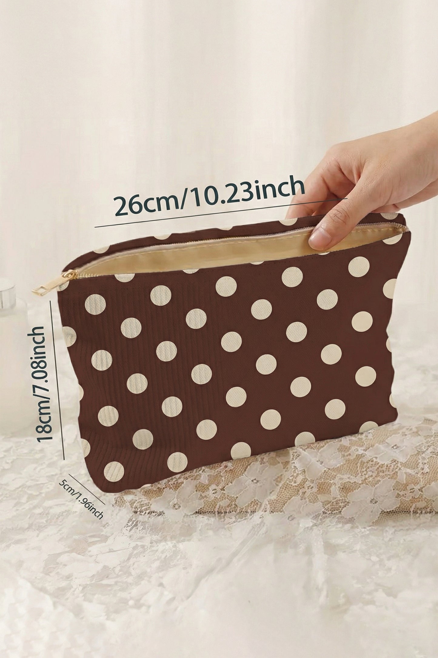 Coffee Polka Dot Printed Corduroy Storage Makeup Bag