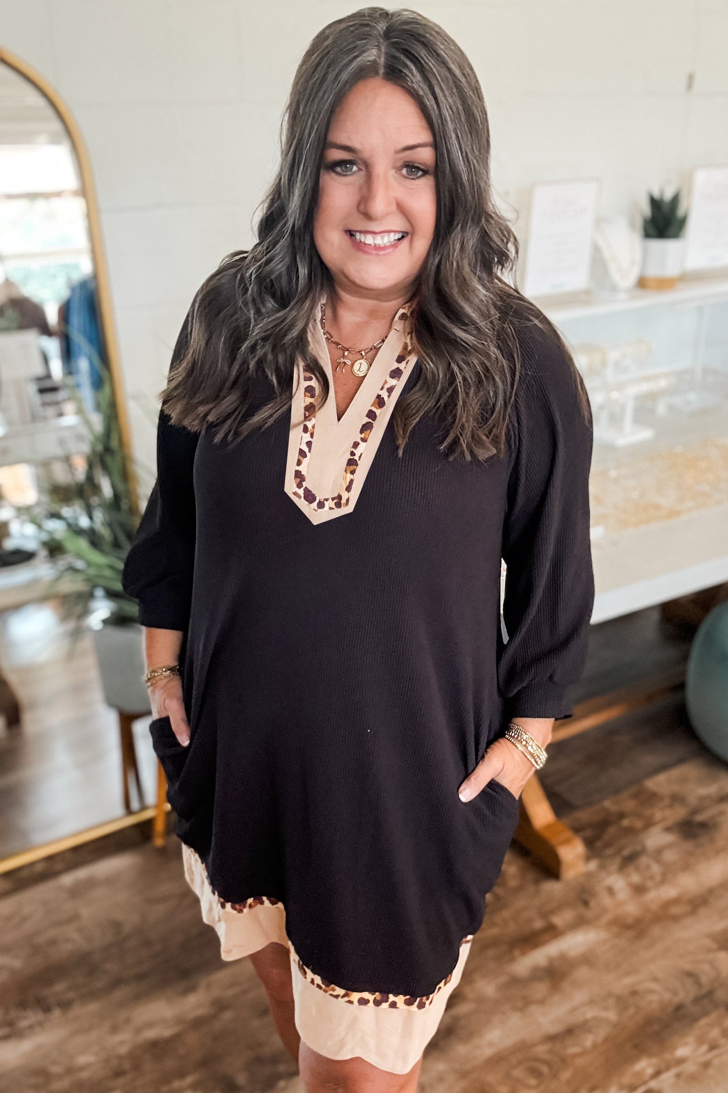 Black Contrast Color Block Leopard Trim Plus Size Ribbed Dress-TOPS / DRESSES-[Adult]-[Female]-2022 Online Blue Zone Planet