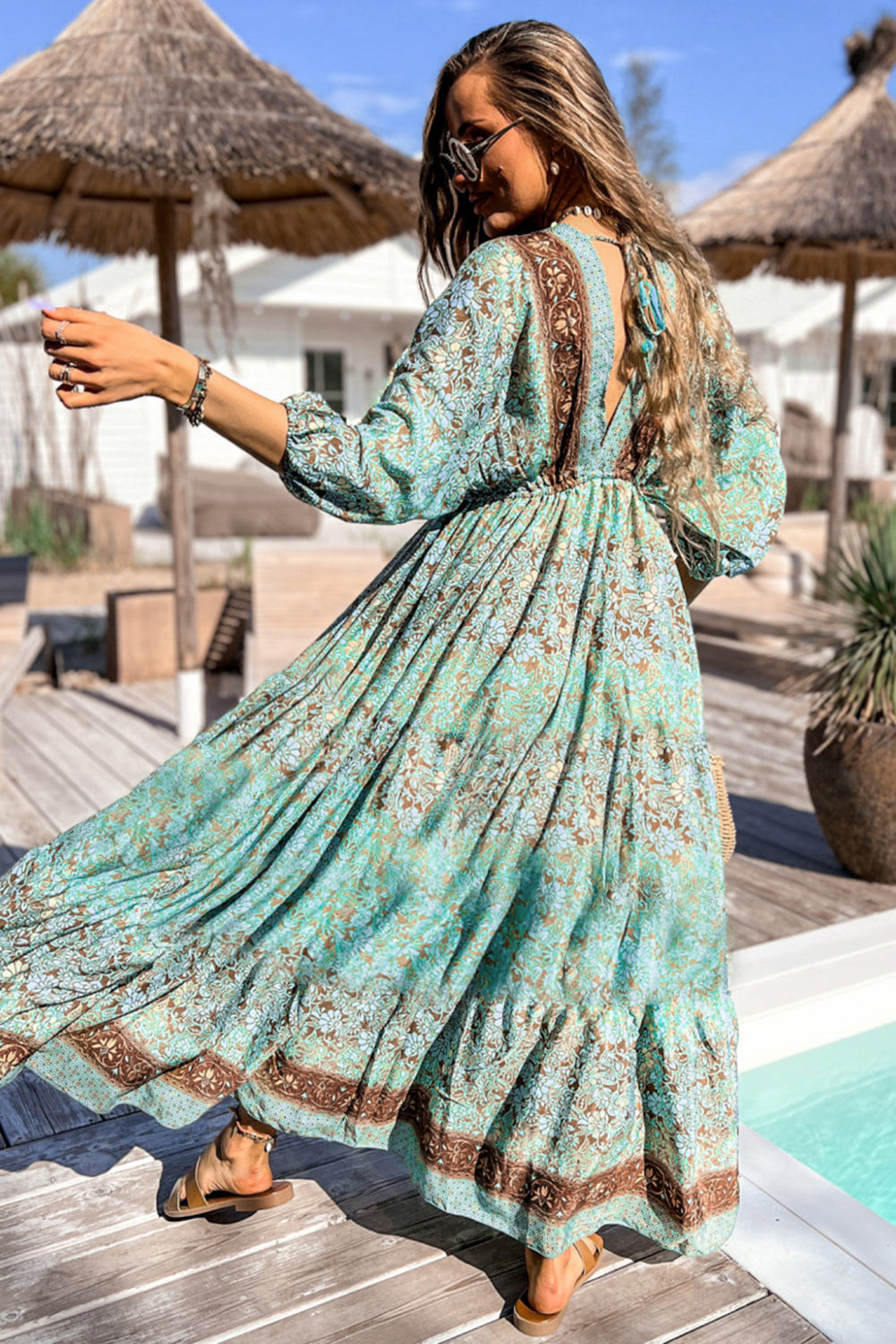 Green Boho Floral Print Lace-up Open Back High Waist Maxi Dress-Dresses/Floral Dresses-[Adult]-[Female]-2022 Online Blue Zone Planet