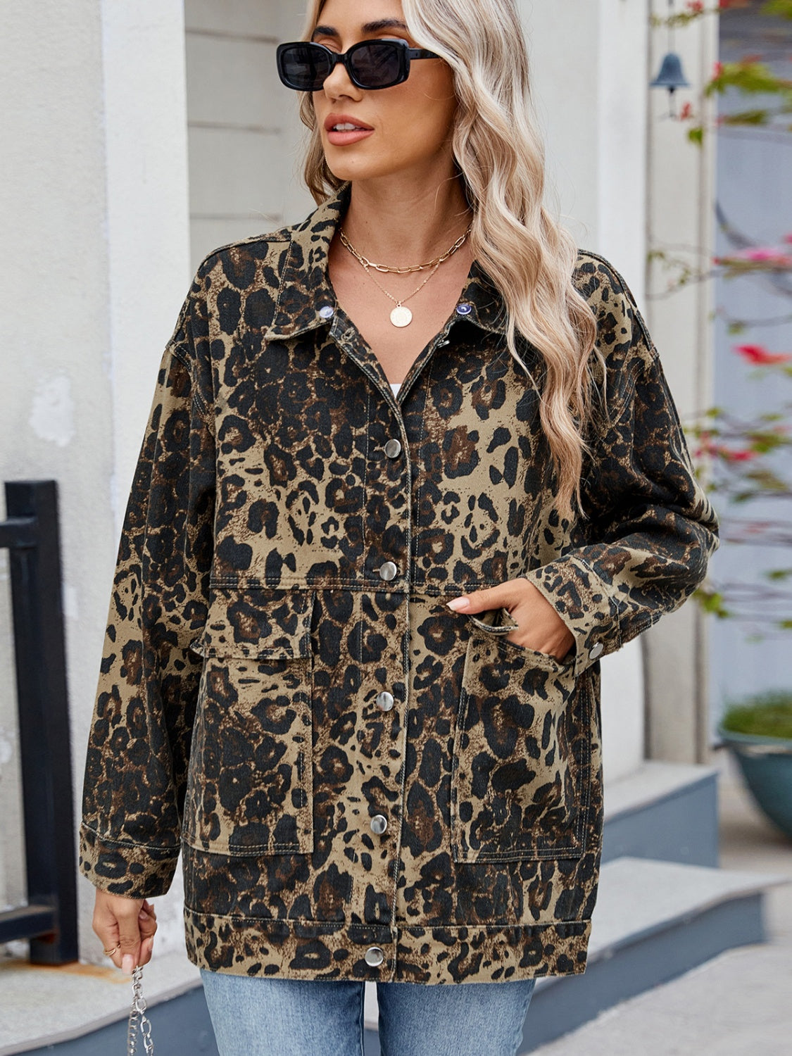 Leopard Button Up Drop Shoulder Denim Jacket-TOPS / DRESSES-[Adult]-[Female]-2022 Online Blue Zone Planet