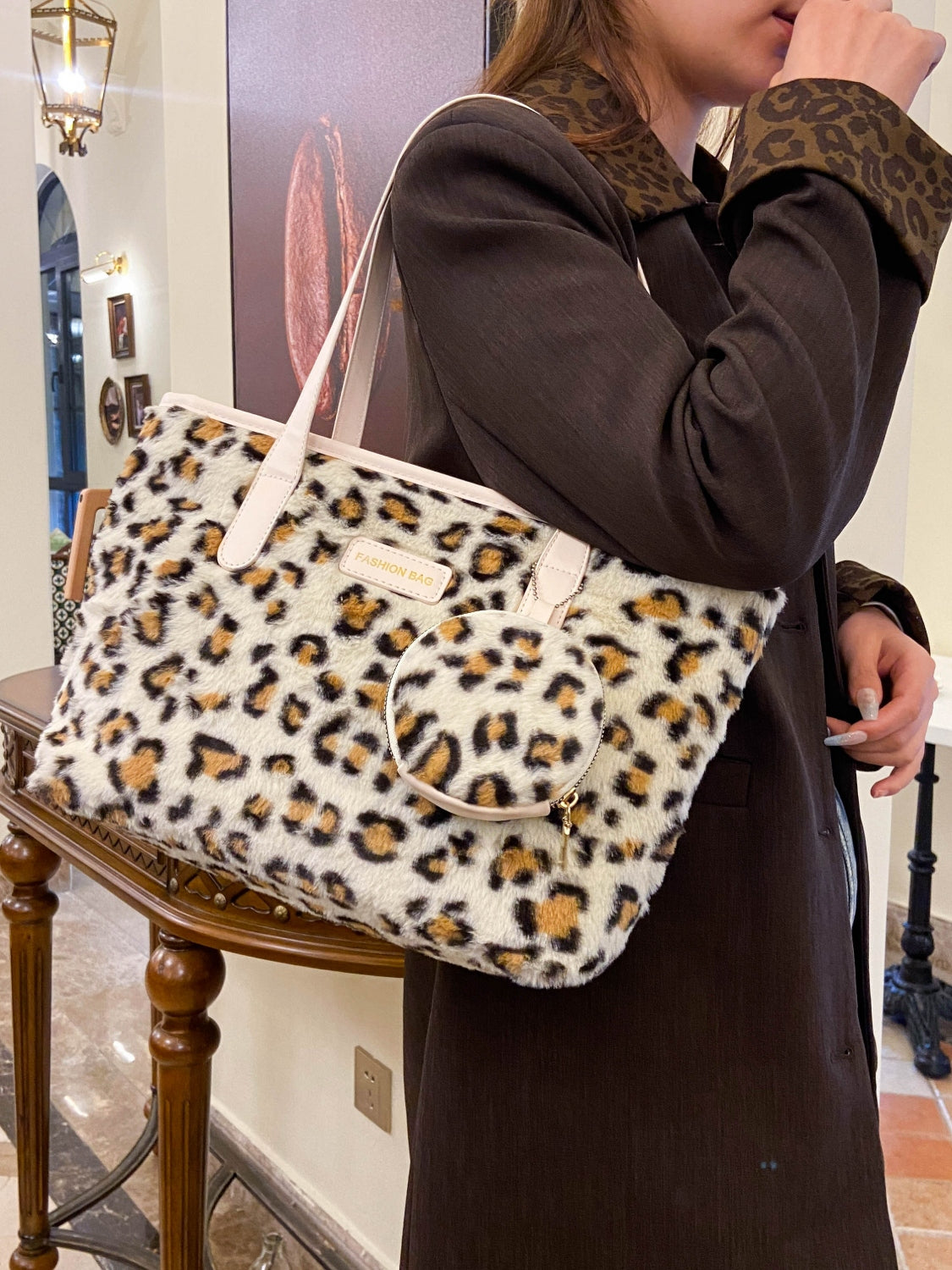 Leopard Faux Fur Tote Bag with Coin Purse-Handbags-[Adult]-[Female]-2022 Online Blue Zone Planet