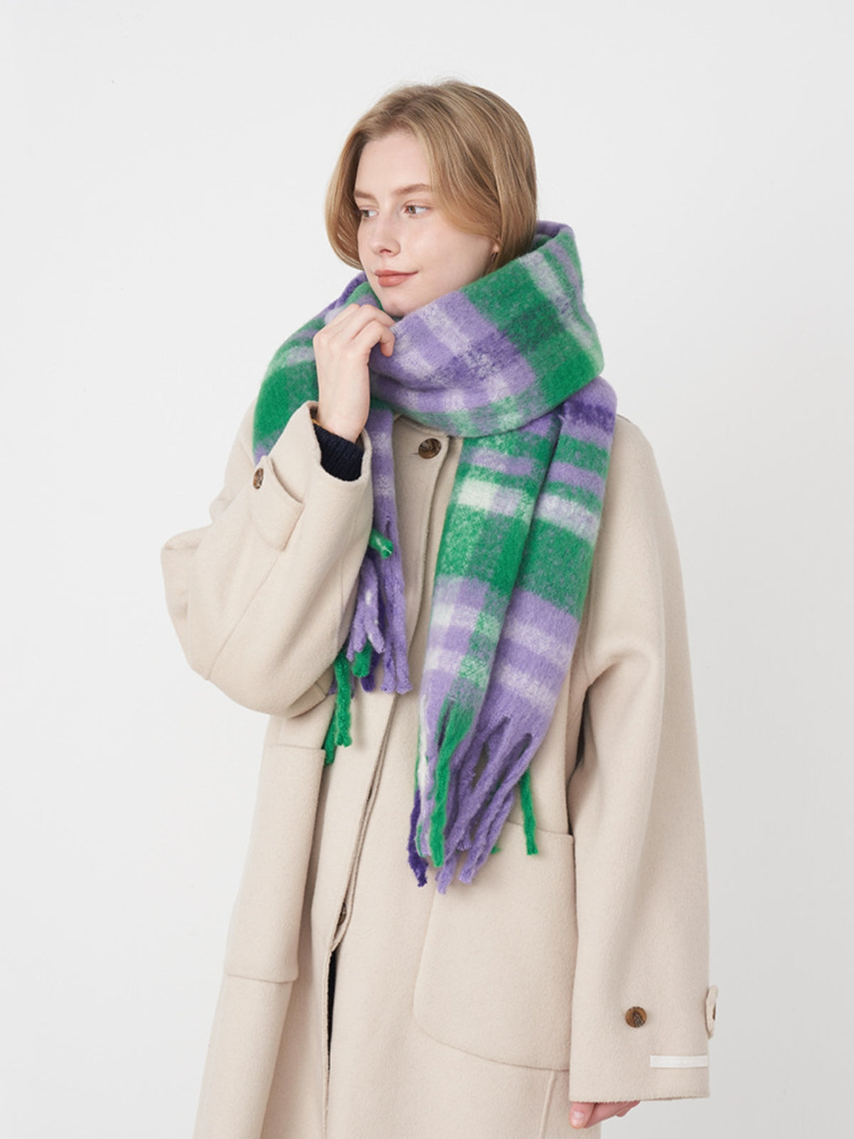 Fringe Plaid Polyester Scarf-SCARVES-[Adult]-[Female]-Purple/White/Green plaid-One Size-2022 Online Blue Zone Planet