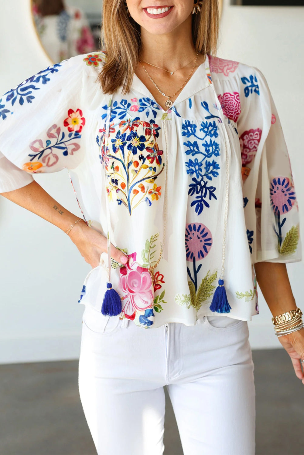 White Floral Print Tassel Tie Bracelet Sleeve Flowy Blouse-Bracelet-[Adult]-[Female]-White-S-2022 Online Blue Zone Planet