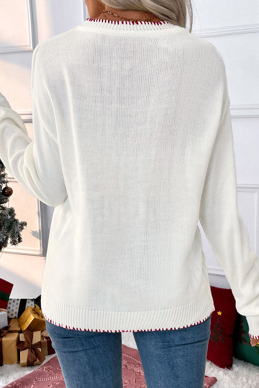 White Bow Pattern Contrast Trim Christmas Loose Graphic Sweater-TOPS / DRESSES-[Adult]-[Female]-2022 Online Blue Zone Planet