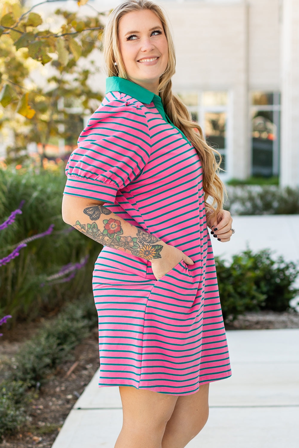 Rose Stripe Collared V Neck Puff Sleeve Shift T Shirt Dress With Pockets-TOPS / DRESSES-[Adult]-[Female]-2022 Online Blue Zone Planet