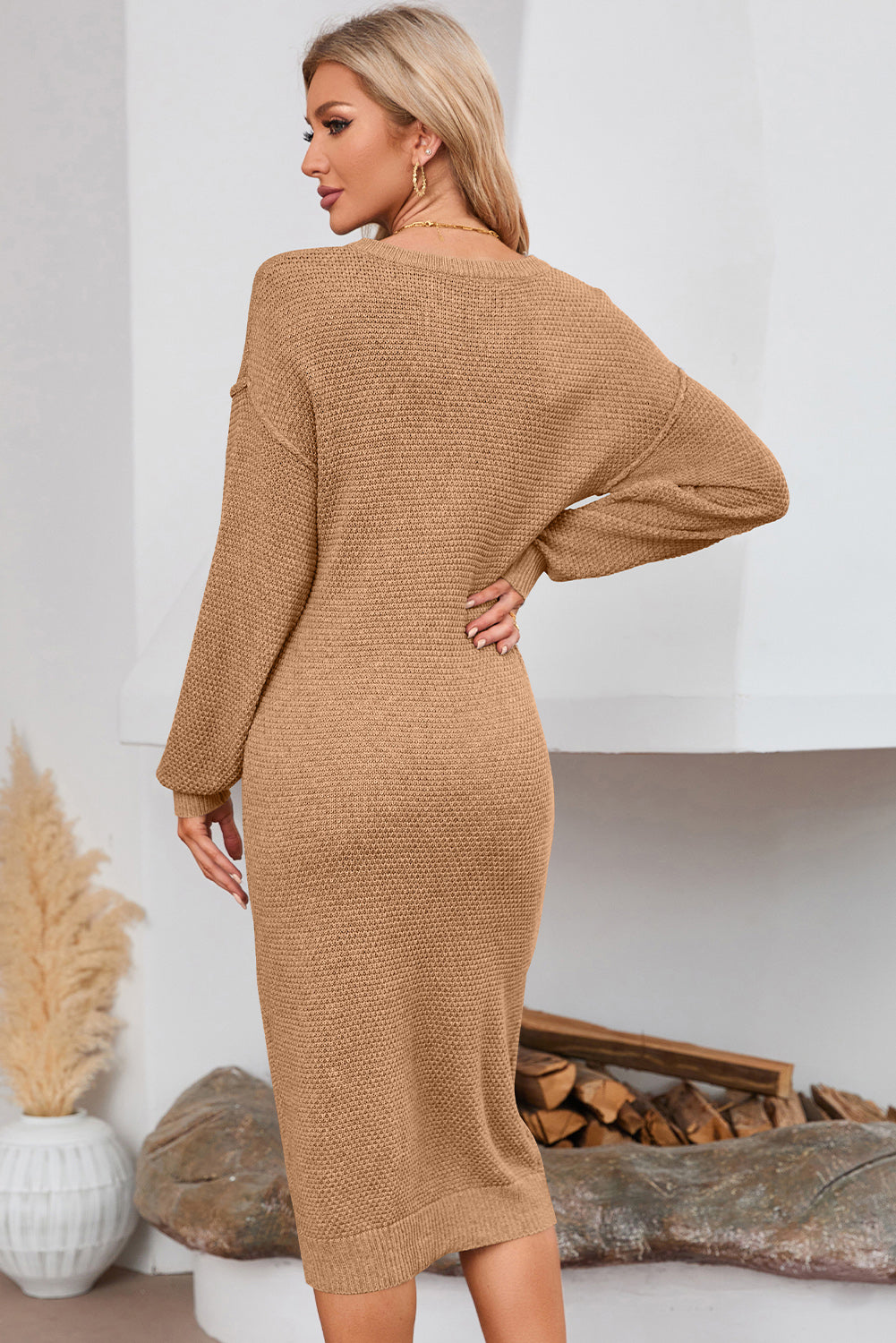 Half Button Long Sleeve Midi Sweater Dress-TOPS / DRESSES-[Adult]-[Female]-2022 Online Blue Zone Planet