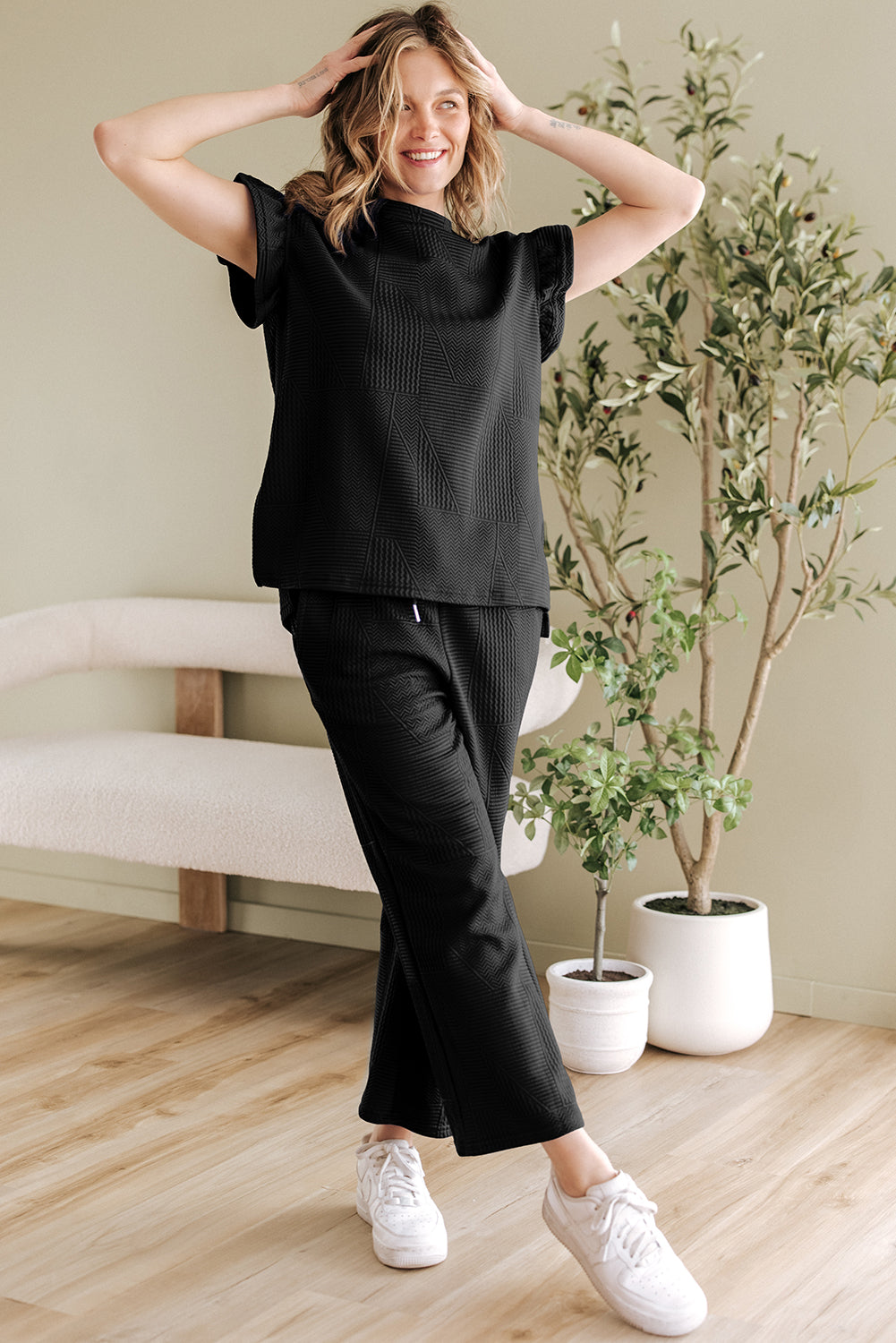 Blue Zone Planet | Dark Blue Ruffled Sleeve Summer Top And Cropped Loose Pants Set-Two Piece Sets/Pant Sets-[Adult]-[Female]-2022 Online Blue Zone Planet