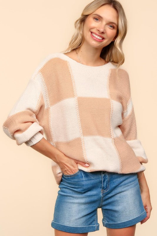 Blue Zone Planet | Haptics Full Size Checkered Round Neck Drop Shoulder Sweater-TOPS / DRESSES-[Adult]-[Female]-2022 Online Blue Zone Planet