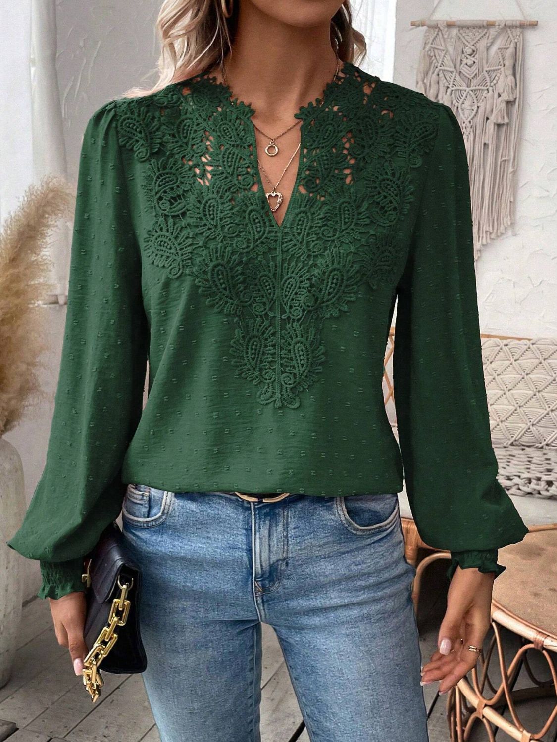 Swiss Dot Lace Detail Notched Long Sleeve Blouse-TOPS / DRESSES-[Adult]-[Female]-Dark Green-S-2022 Online Blue Zone Planet