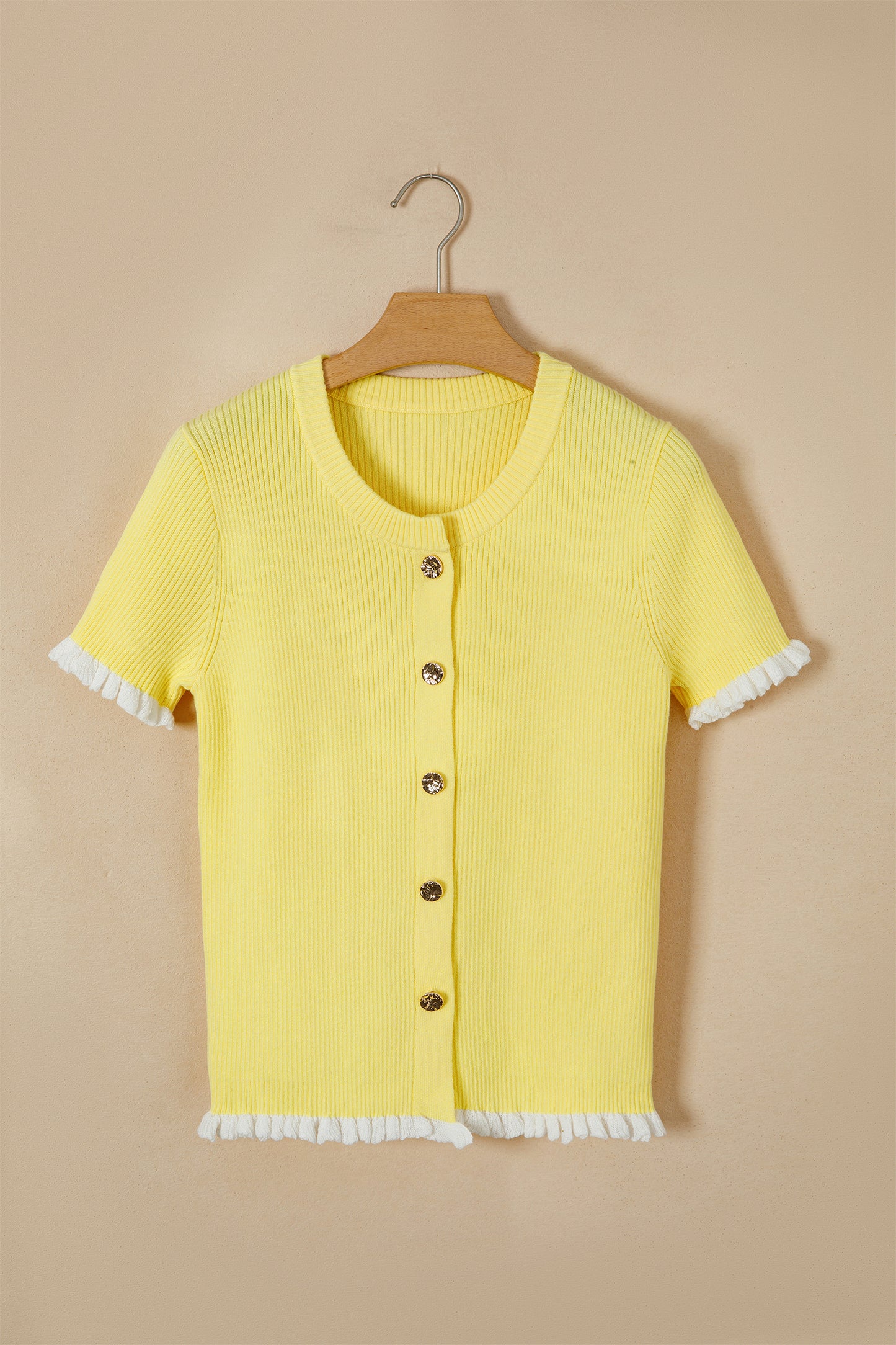 Yellow Cream Ribbed Knit Contrast Frilled Short Sleeve Sweater Cardigan-TOPS / DRESSES-[Adult]-[Female]-2022 Online Blue Zone Planet