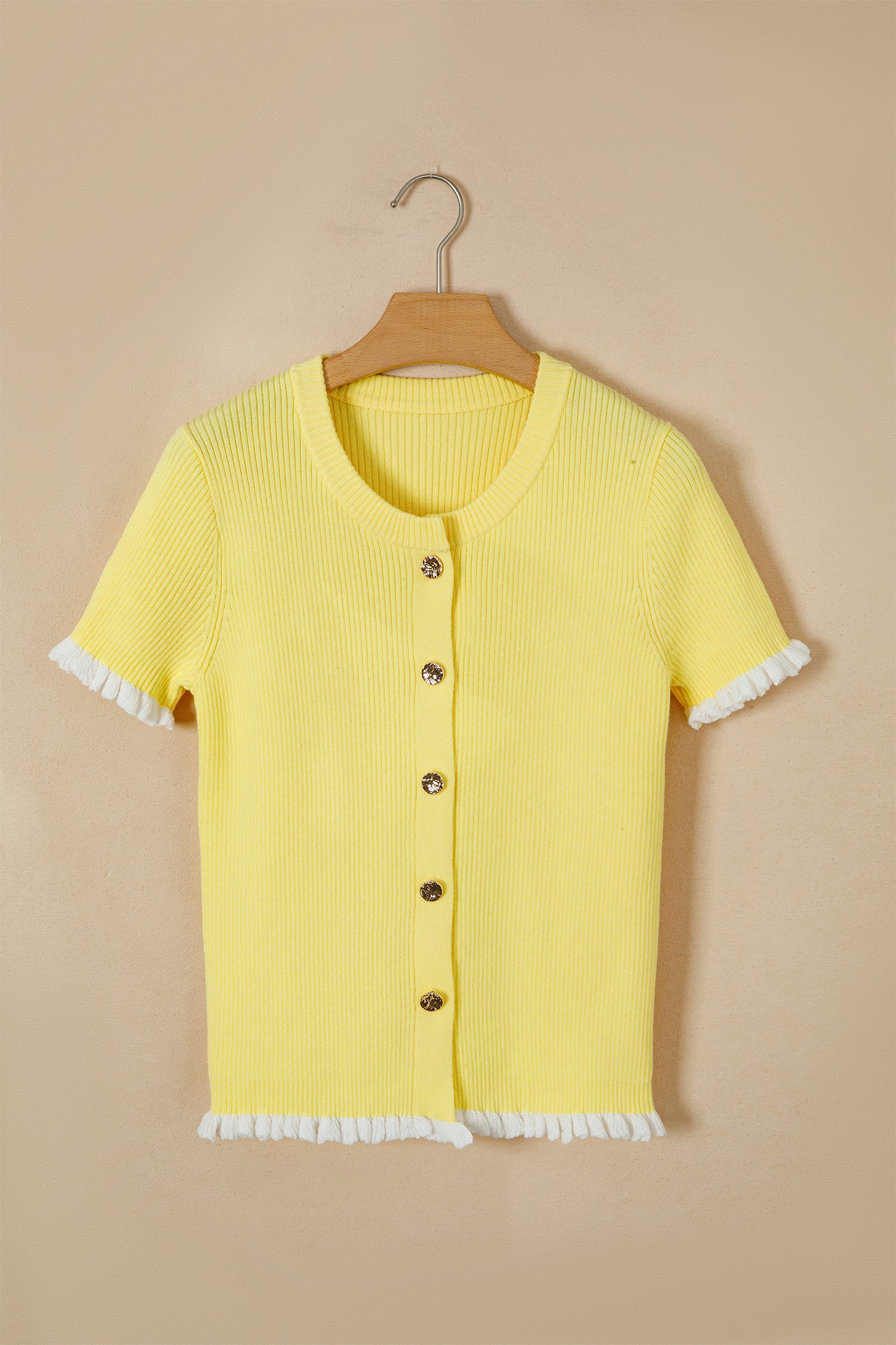 Yellow Cream Ribbed Knit Contrast Frilled Short Sleeve Sweater Cardigan-TOPS / DRESSES-[Adult]-[Female]-2022 Online Blue Zone Planet