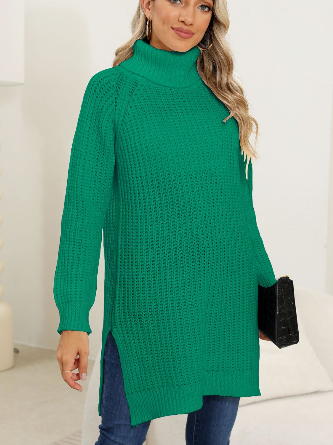 Blue Zone Planet | Slit Turtleneck Long Sleeve Sweater-TOPS / DRESSES-[Adult]-[Female]-Dark Green-S-2022 Online Blue Zone Planet