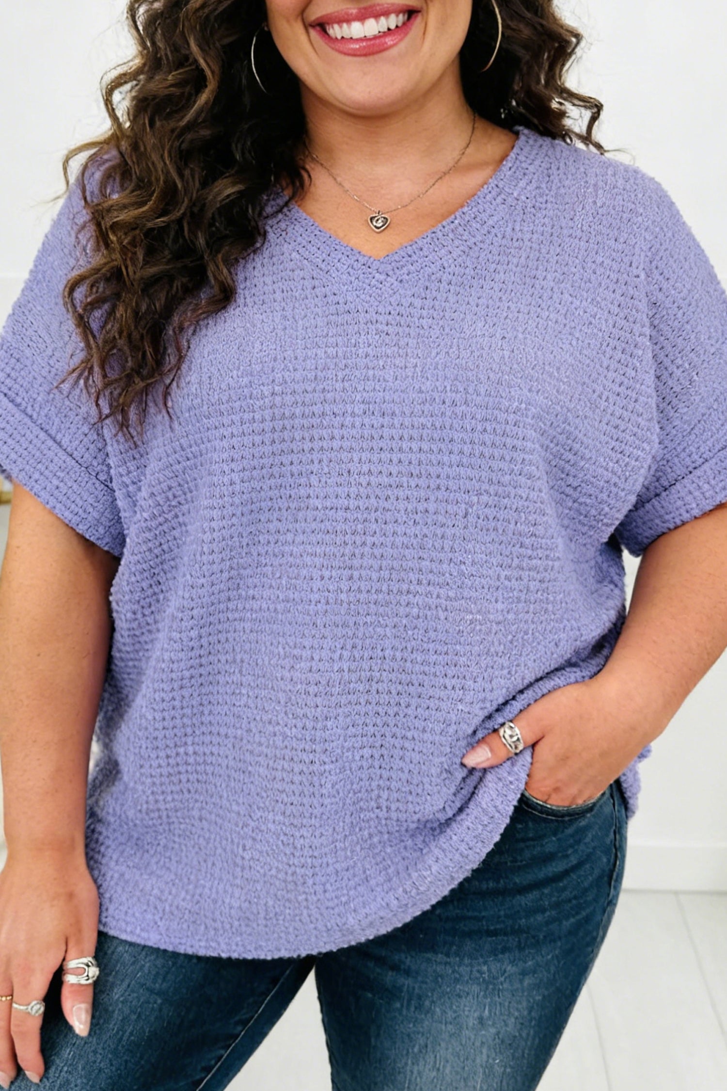 Wisteria V Neck Short Sleeve Plus Size Waffle Knit Top-Plus Size/Plus Size Tops/Plus Size Tops & Tees-[Adult]-[Female]-2022 Online Blue Zone Planet