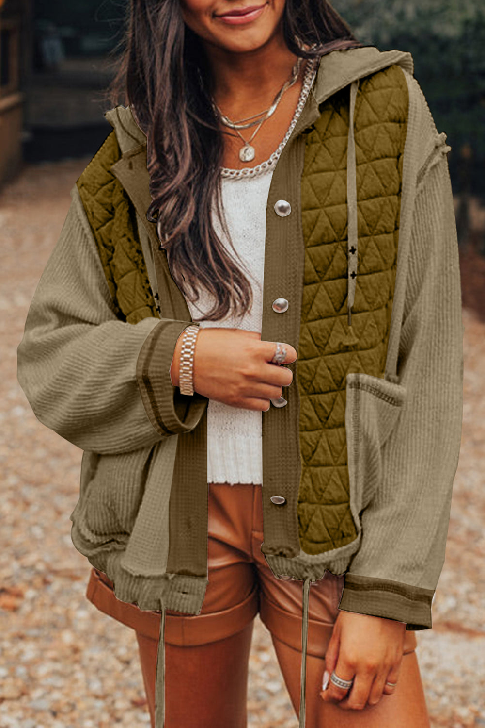 Blue Zone Planet | Jungle Green Quilted Textured Patchwork Hooded Jacket-Jackets-[Adult]-[Female]-2022 Online Blue Zone Planet