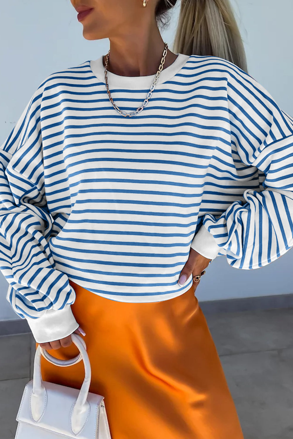 Blue Zone Planet | Striped Round Neck Long Sleeve Sweatshirt-TOPS / DRESSES-[Adult]-[Female]-Cerulean-S-2022 Online Blue Zone Planet