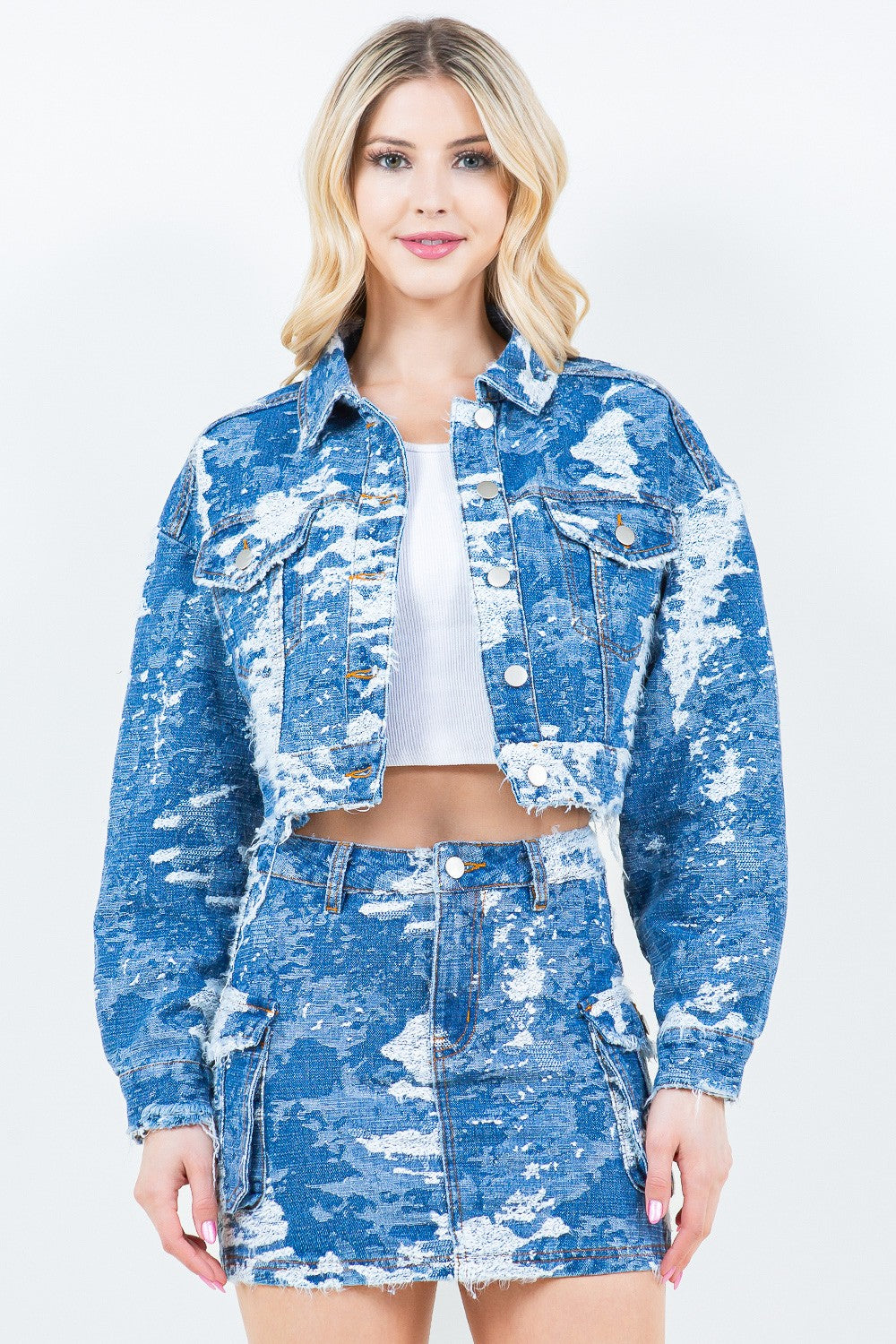 American Bazi Jacquard Trim Cropped Denim Jacket-TOPS / DRESSES-[Adult]-[Female]-Blue Combo-S-2022 Online Blue Zone Planet