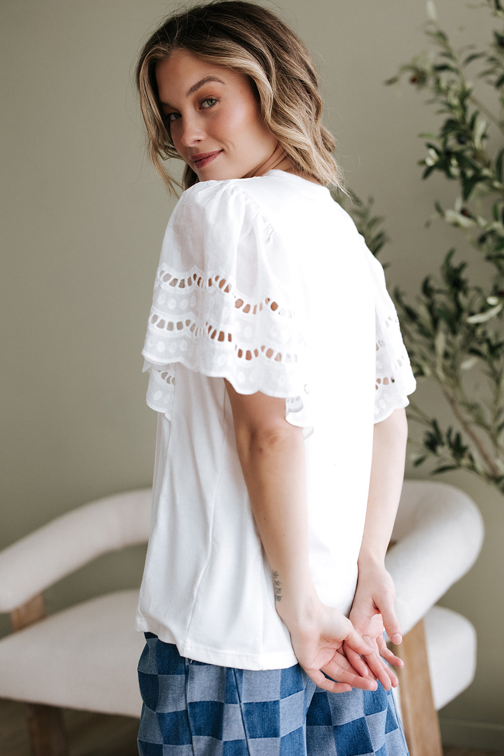 White Hollow Out Embroidered Short Sleeve O Neck Top-Tops/Tops & Tees-[Adult]-[Female]-2022 Online Blue Zone Planet