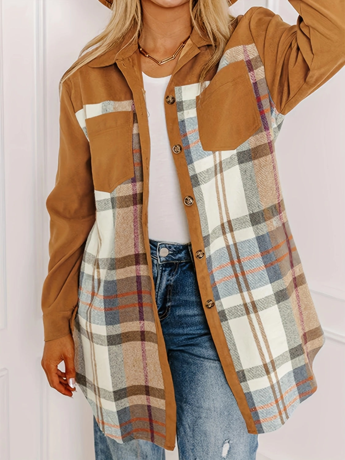 Plaid Collared Neck Long Sleeve Jacket-TOPS / DRESSES-[Adult]-[Female]-2022 Online Blue Zone Planet