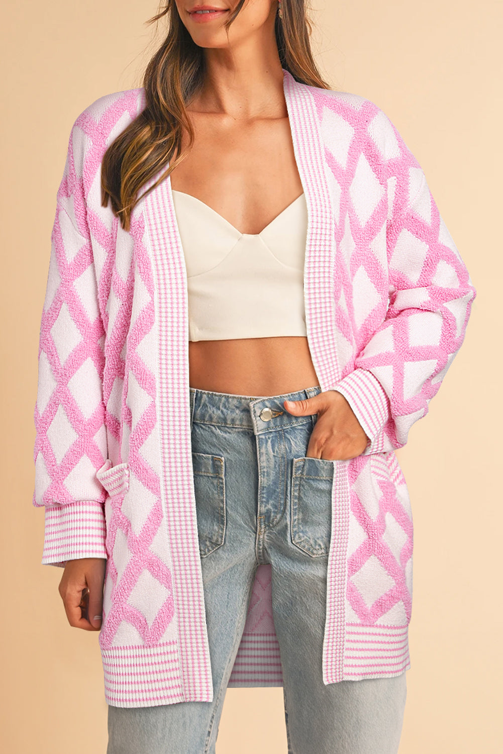 Blue Zone Planet | Pink Rhombus Pattern Knit Open Front Pocketed Cardigans-Sweaters & Cardigans/Cardigans-[Adult]-[Female]-Pink-S-2022 Online Blue Zone Planet