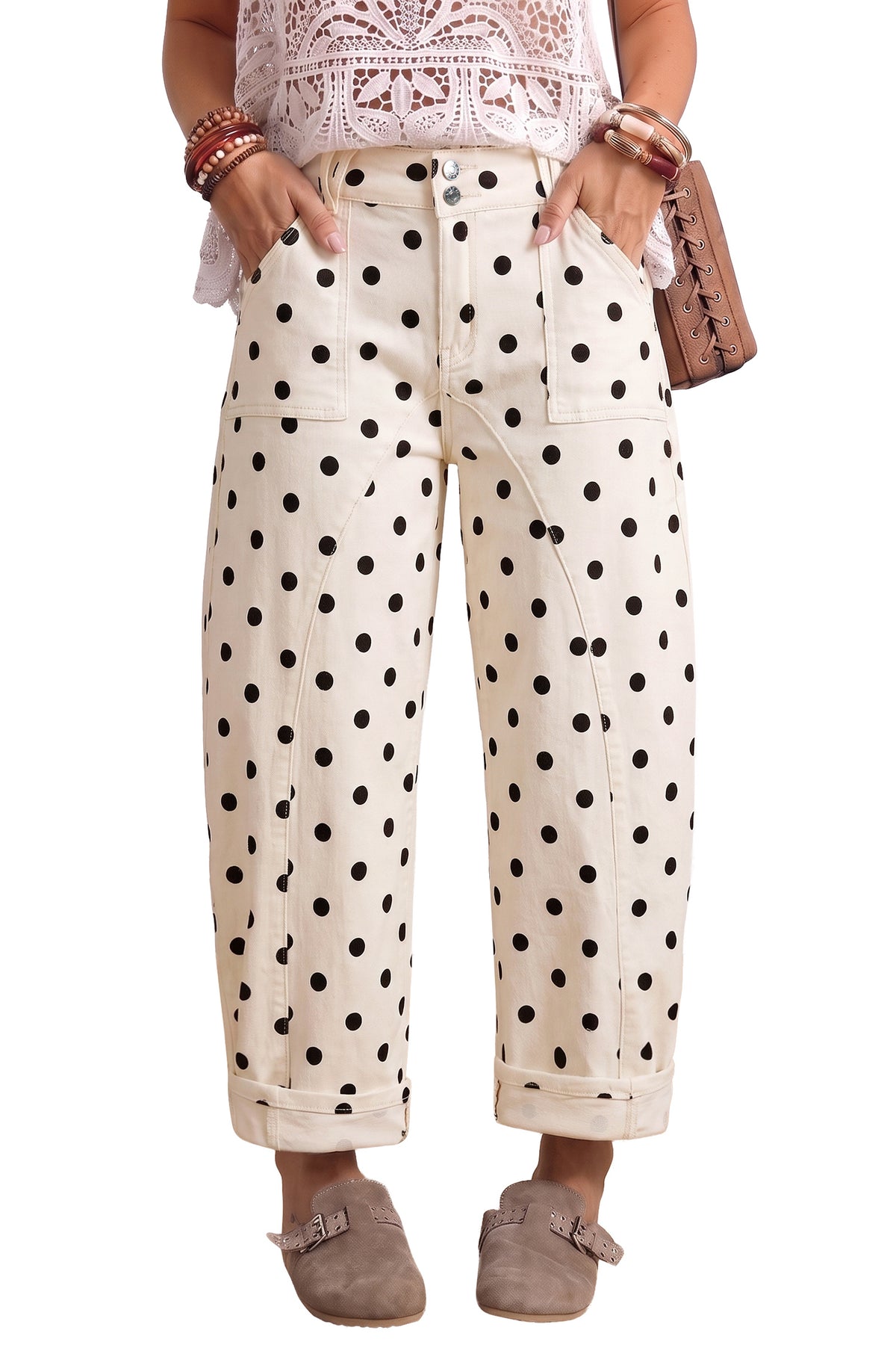 White Polka Dot Curved-Knife Ankle Denim Pants-Bottoms/Jeans-[Adult]-[Female]-2022 Online Blue Zone Planet