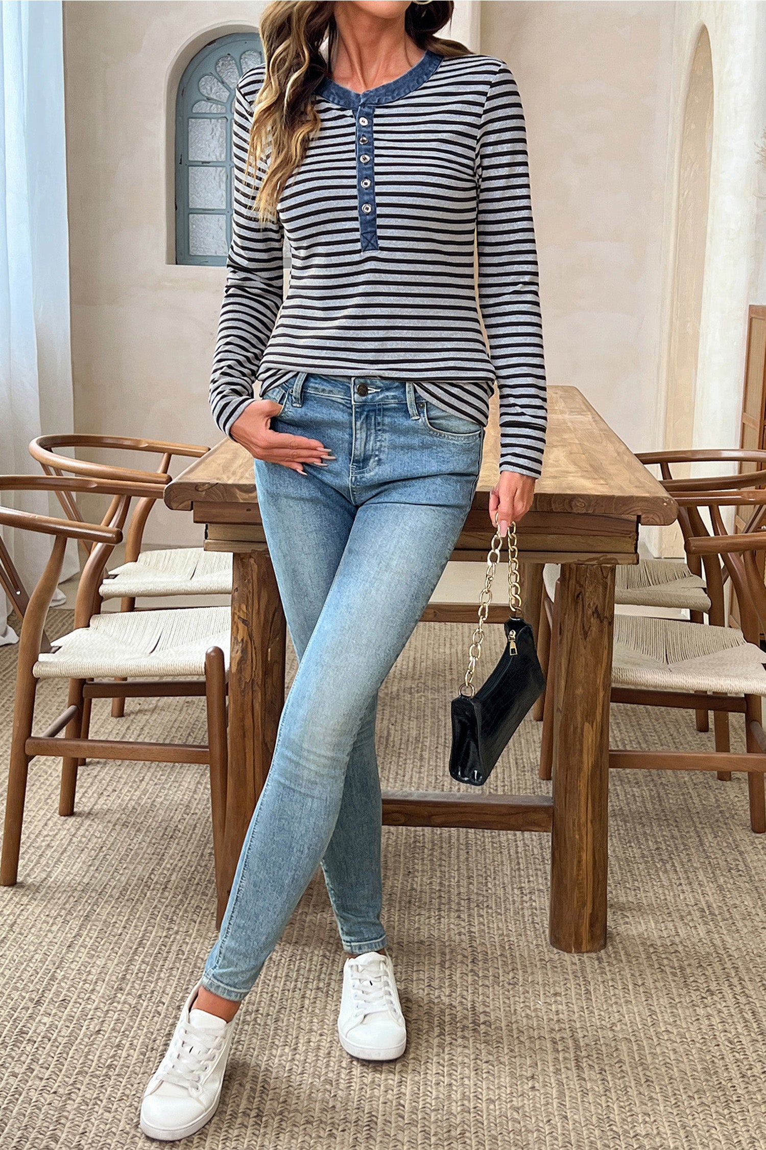 Gray Stripe Denim Contrast Collar Half Button Long Sleeve Top-Tops/Long Sleeve Tops-[Adult]-[Female]-2022 Online Blue Zone Planet